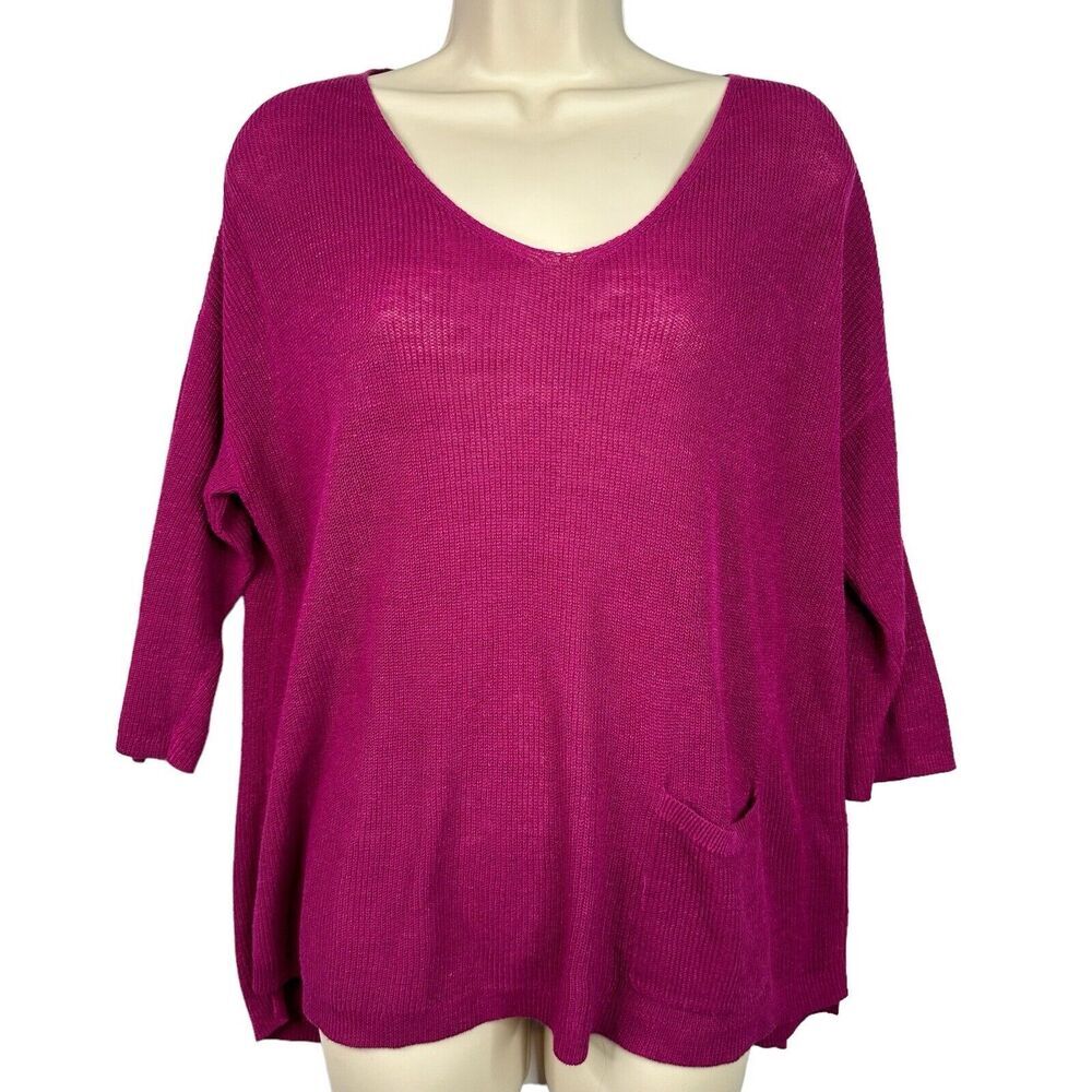 J.Jill Sweater Women MP Pink‎ Linen Blend V-Neck 1/2 Sleeve Pocket Lightweight